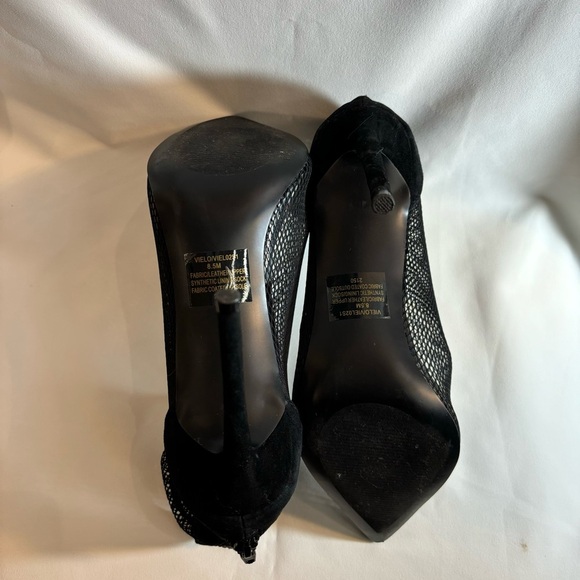STEVE MADDEN Sz 8.5 Vielo Heels Mesh Wrapped Back Zipper Pointy Toe Black Suede - Picture 9 of 10